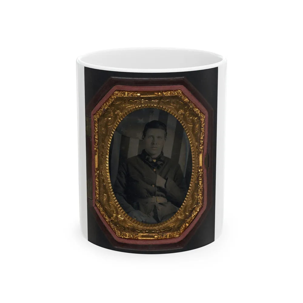 Unidentified Soldier In Union Sack Coat In Front Of American Flag Backdrop (U.S. Civil War) White Coffee Mug-11oz-Go Mug Yourself