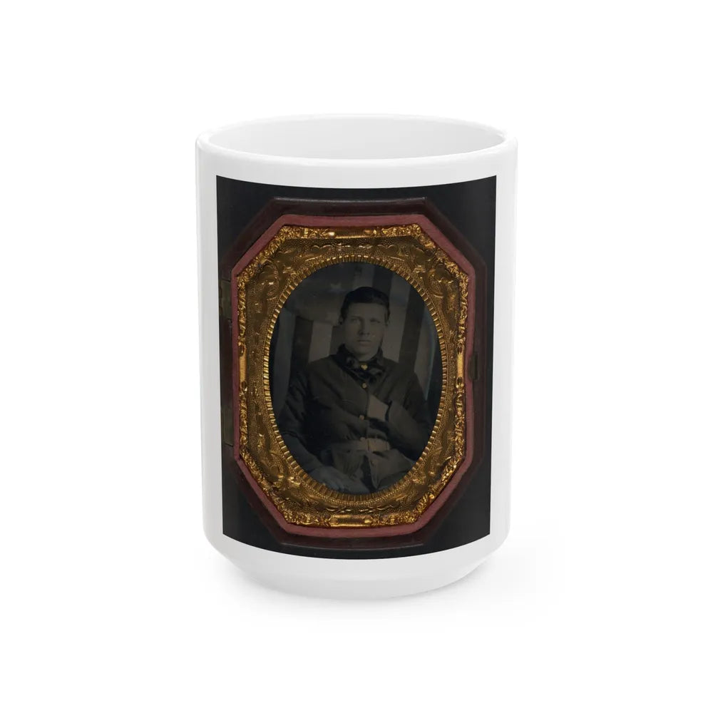 Unidentified Soldier In Union Sack Coat In Front Of American Flag Backdrop (U.S. Civil War) White Coffee Mug-15oz-Go Mug Yourself