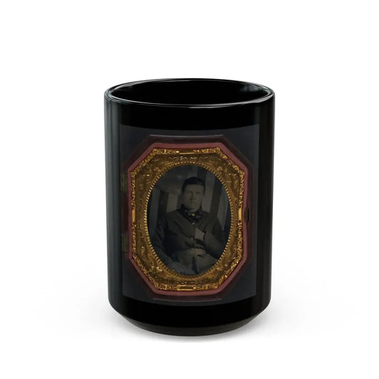 Unidentified Soldier In Union Sack Coat In Front Of American Flag Backdrop (U.S. Civil War) Black Coffee Mug 15oz - Go Mug Yourself
