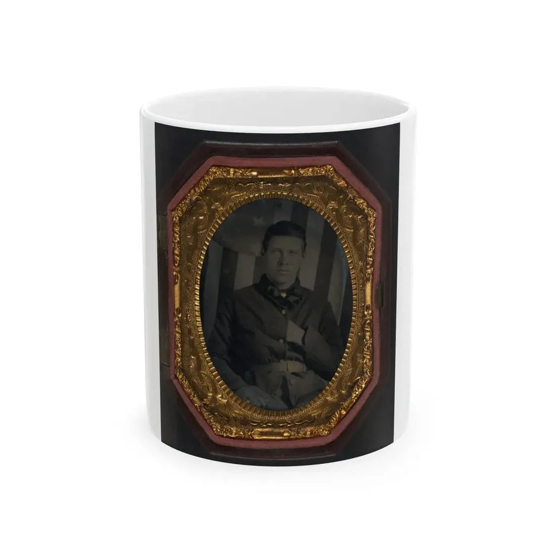 Unidentified Soldier In Union Sack Coat In Front Of American Flag Backdrop (U.S. Civil War) White Coffee Mug 11oz - Go Mug Yourself