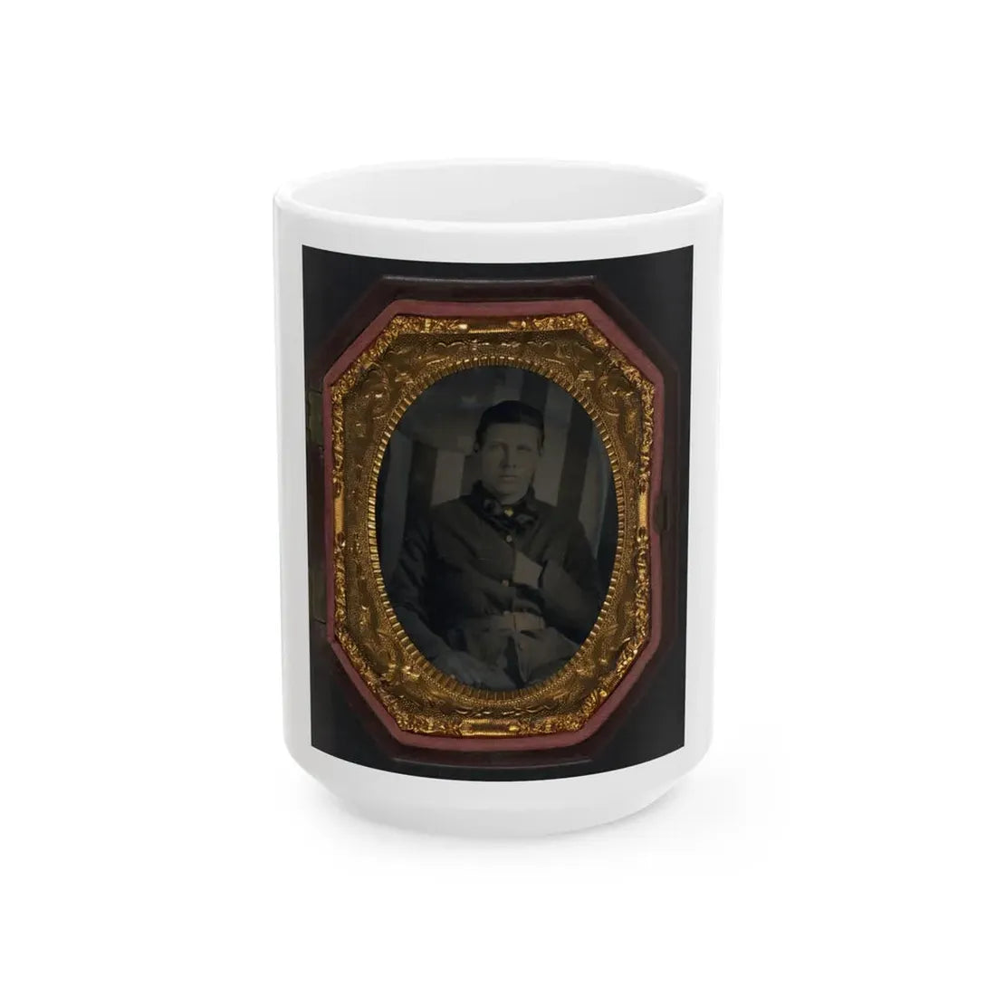 Unidentified Soldier In Union Sack Coat In Front Of American Flag Backdrop (U.S. Civil War) White Coffee Mug 15oz - Go Mug Yourself