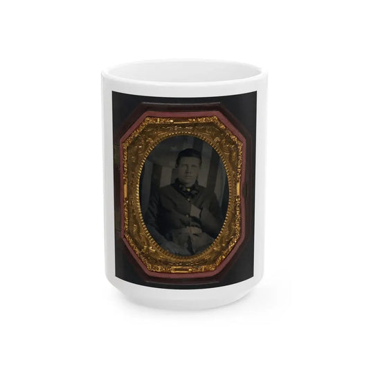 Unidentified Soldier In Union Sack Coat In Front Of American Flag Backdrop (U.S. Civil War) White Coffee Mug 15oz - Go Mug Yourself