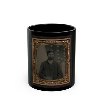 Unidentified Soldier In Union Sack Coat In Front Of American Flag (U.S. Civil War) Black Coffee Mug-11oz-Go Mug Yourself