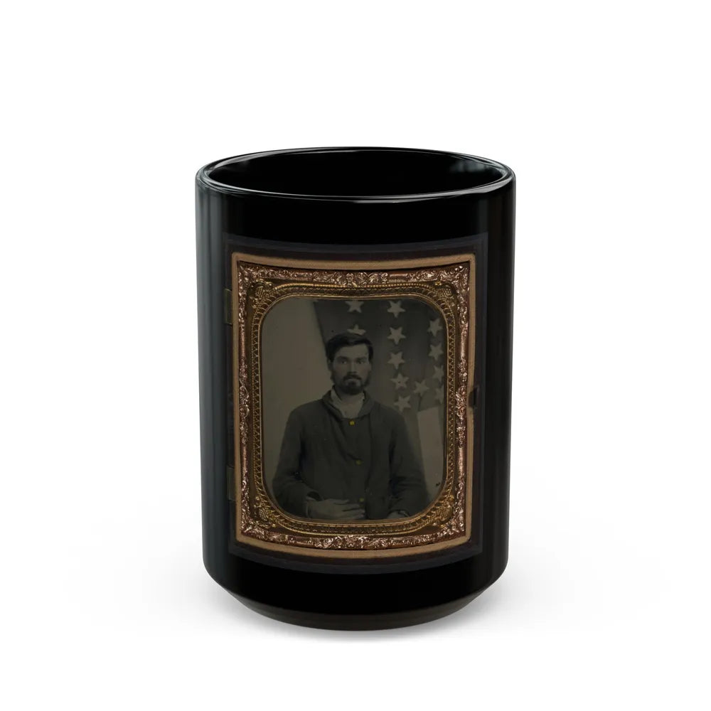 Unidentified Soldier In Union Sack Coat In Front Of American Flag (U.S. Civil War) Black Coffee Mug-15oz-Go Mug Yourself