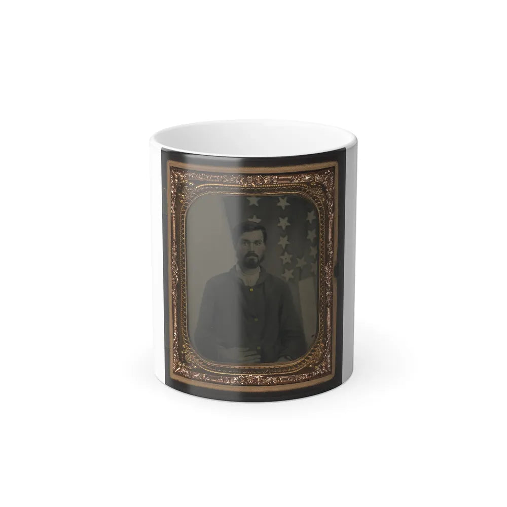 Unidentified Soldier in Union Sack Coat in Front of American Flag (U.S. Civil War) Color Changing Coffee Mug 11oz-11oz-Go Mug Yourself