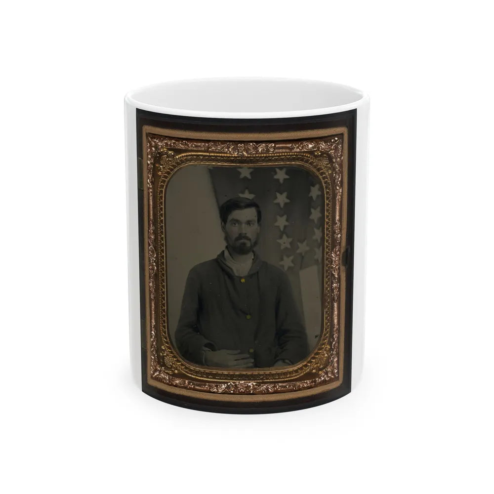 Unidentified Soldier In Union Sack Coat In Front Of American Flag (U.S. Civil War) White Coffee Mug-11oz-Go Mug Yourself