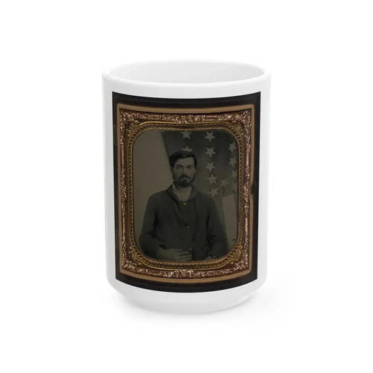 Unidentified Soldier In Union Sack Coat In Front Of American Flag (U.S. Civil War) White Coffee Mug 15oz - Go Mug Yourself