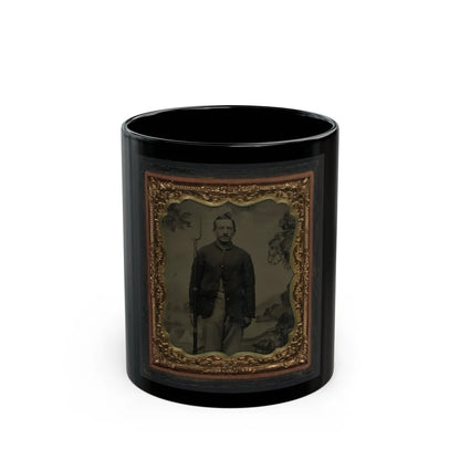 Unidentified Soldier In Union Sack Coat With Bayoneted Musket In Front Of Painted Backdrop Showing Military Camp (U.S. Civil War) Black Coffee Mug-11oz-Go Mug Yourself