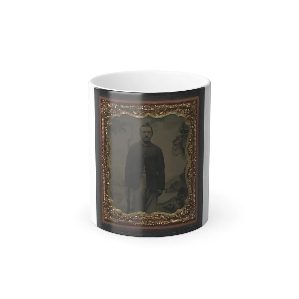 Unidentified Soldier in Union Sack Coat With Bayoneted Musket in Front of Painted Backdrop Showing Military Camp (U.S. Civil War) Color Changing Coffee Mug 11oz-11oz-Go Mug Yourself