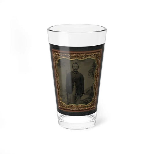 Unidentified Soldier In Union Sack Coat With Bayoneted Musket In Front Of Painted Backdrop Showing Military Camp (U.S. Civil War) Pint Glass 16oz-16oz-Go Mug Yourself