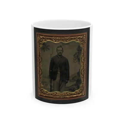 Unidentified Soldier In Union Sack Coat With Bayoneted Musket In Front Of Painted Backdrop Showing Military Camp (U.S. Civil War) White Coffee Mug-11oz-Go Mug Yourself