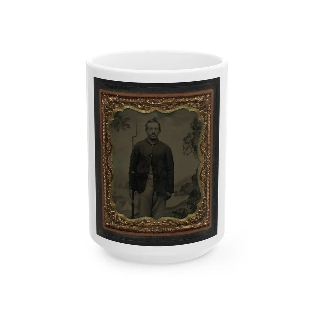 Unidentified Soldier In Union Sack Coat With Bayoneted Musket In Front Of Painted Backdrop Showing Military Camp (U.S. Civil War) White Coffee Mug-15oz-Go Mug Yourself