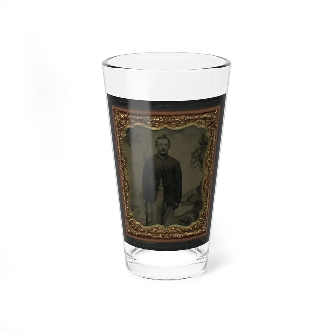 Unidentified Soldier In Union Sack Coat With Bayoneted Musket In Front Of Painted Backdrop Showing Military Camp (U.S. Civil War) Pint Glass 16oz 16oz - Go Mug Yourself