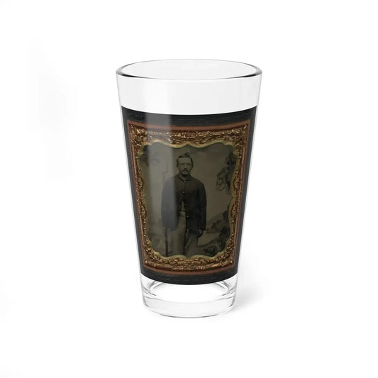 Unidentified Soldier In Union Sack Coat With Bayoneted Musket In Front Of Painted Backdrop Showing Military Camp (U.S. Civil War) Pint Glass 16oz 16oz - Go Mug Yourself