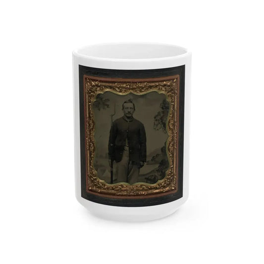 Unidentified Soldier In Union Sack Coat With Bayoneted Musket In Front Of Painted Backdrop Showing Military Camp (U.S. Civil War) White Coffee Mug 15oz - Go Mug Yourself