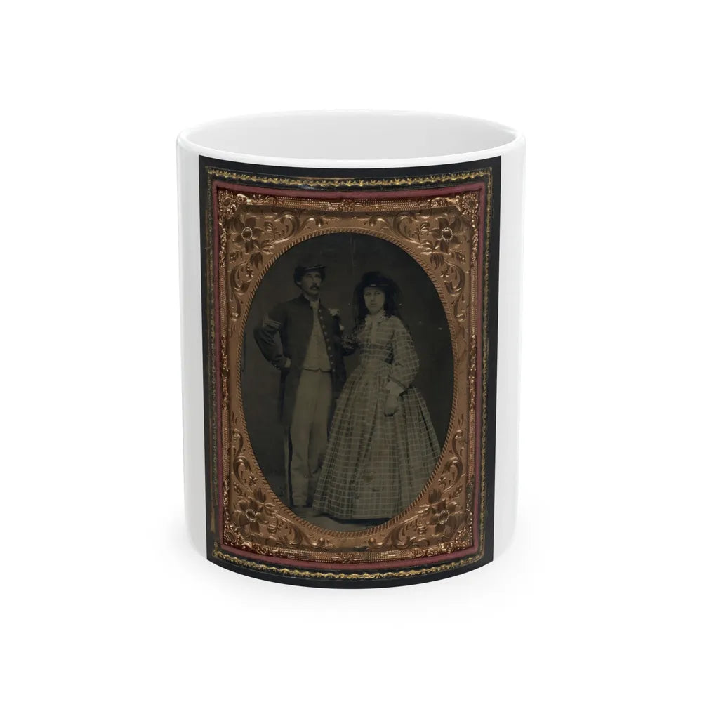 Unidentified Soldier In Union Sergeant's Frock Coat And Forage Cap With Unidentified Woman In Dress And Hat With Veil (U.S. Civil War) White Coffee Mug-11oz-Go Mug Yourself