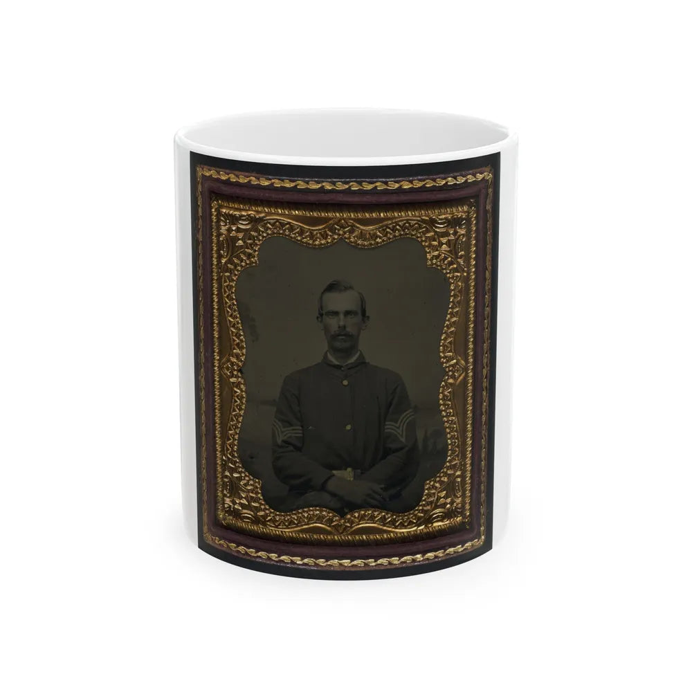 Unidentified Soldier In Union Sergeant's Uniform In Front Of Painted Backdrop Showing Landscape (U.S. Civil War) White Coffee Mug-11oz-Go Mug Yourself