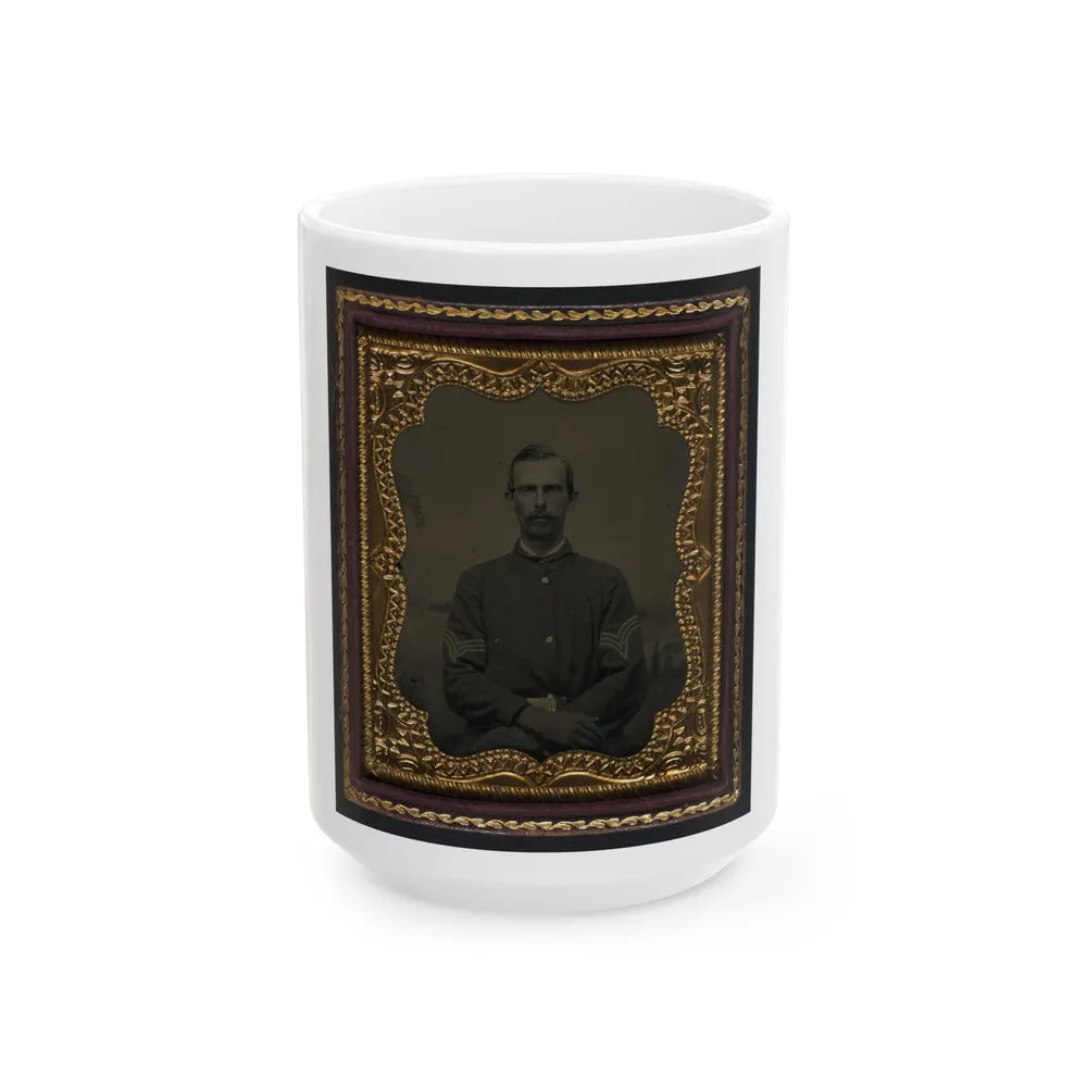 Unidentified Soldier In Union Sergeant's Uniform In Front Of Painted Backdrop Showing Landscape (U.S. Civil War) White Coffee Mug-15oz-Go Mug Yourself