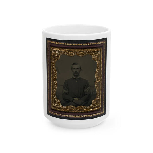 Unidentified Soldier In Union Sergeant's Uniform In Front Of Painted Backdrop Showing Landscape (U.S. Civil War) White Coffee Mug-15oz-Go Mug Yourself