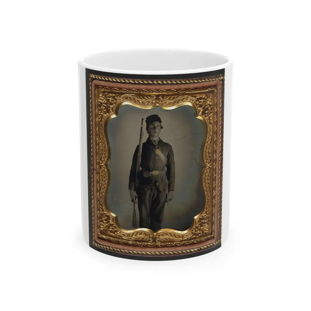 Unidentified Soldier In Union Uniform And Cap Box Standing With Musket And Bayonet With Scabbard (U.S. Civil War) White Coffee Mug-11oz-Go Mug Yourself