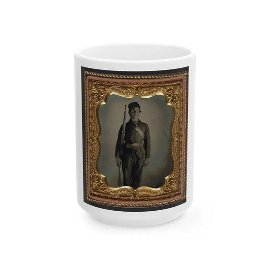 Unidentified Soldier In Union Uniform And Cap Box Standing With Musket And Bayonet With Scabbard (U.S. Civil War) White Coffee Mug 15oz - Go Mug Yourself
