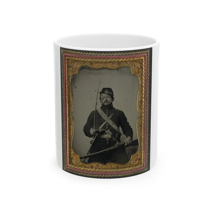 Unidentified Soldier In Union Uniform And Company B Hat, With Hall Breech Loading Carbine Rifle, Colt Revolver, And Cavalry Sword (U.S. Civil War) White Coffee Mug-11oz-Go Mug Yourself