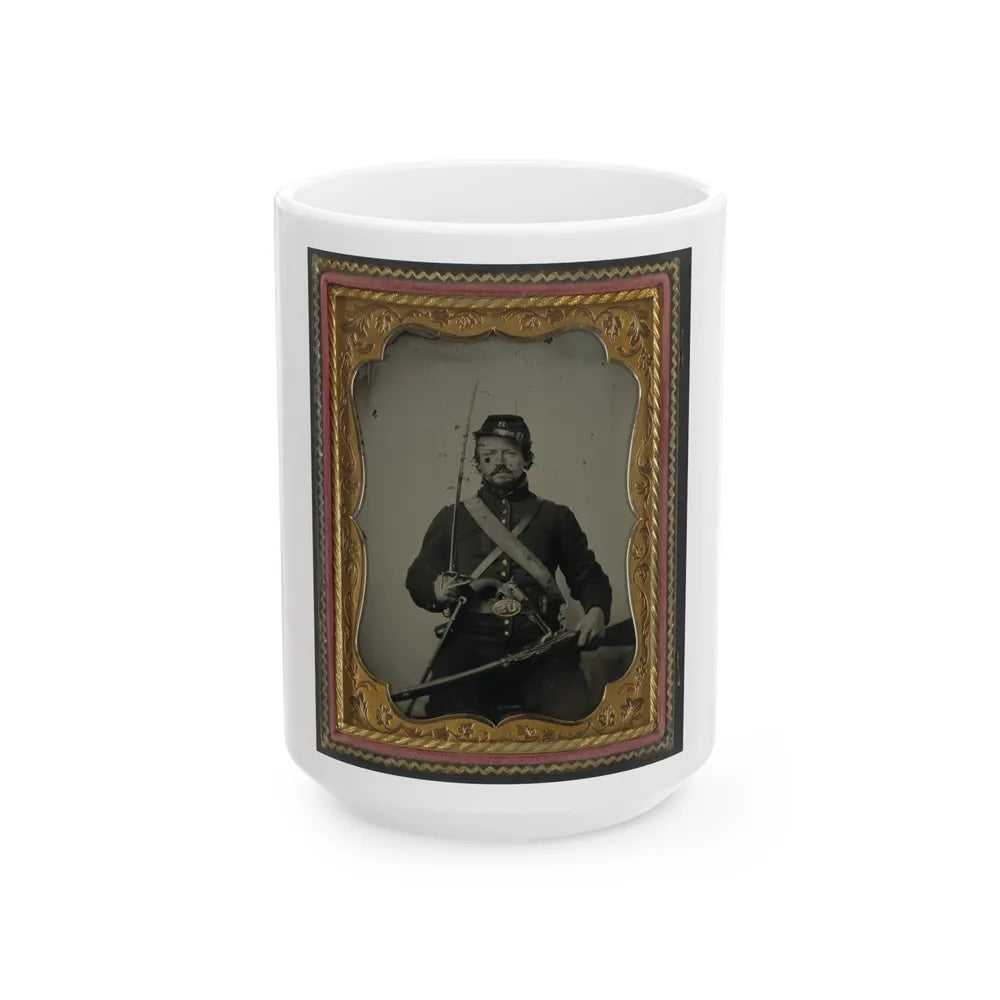 Unidentified Soldier In Union Uniform And Company B Hat, With Hall Breech Loading Carbine Rifle, Colt Revolver, And Cavalry Sword (U.S. Civil War) White Coffee Mug-15oz-Go Mug Yourself