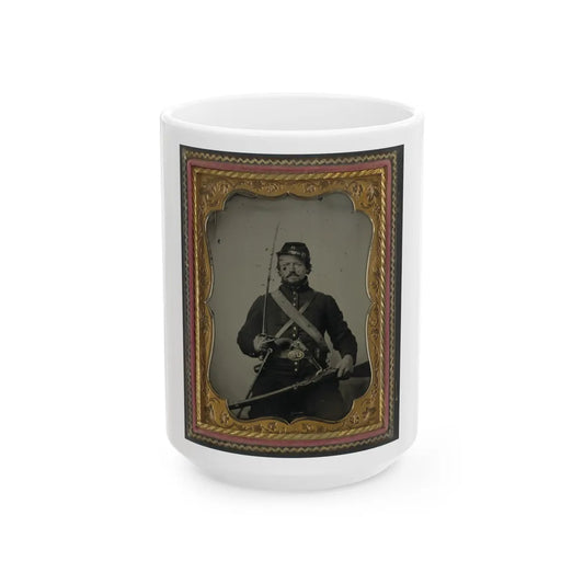 Unidentified Soldier In Union Uniform And Company B Hat, With Hall Breech Loading Carbine Rifle, Colt Revolver, And Cavalry Sword (U.S. Civil War) White Coffee Mug-15oz-Go Mug Yourself