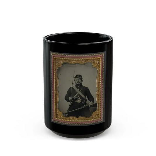 Unidentified Soldier In Union Uniform And Company B Hat, With Hall Breech Loading Carbine Rifle, Colt Revolver, And Cavalry Sword (U.S. Civil War) Black Coffee Mug 15oz - Go Mug Yourself