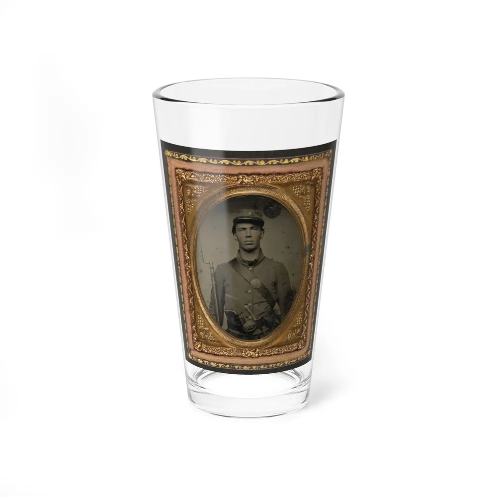 Unidentified Soldier In Union Uniform And Company C Hat With Bayoneted Musket, Revolver, Knife, And Cap Box (U.S. Civil War) Pint Glass 16oz-16oz-Go Mug Yourself