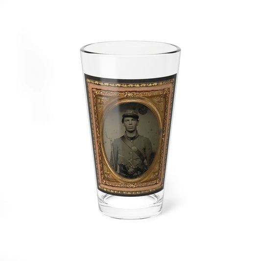 Unidentified Soldier In Union Uniform And Company C Hat With Bayoneted Musket, Revolver, Knife, And Cap Box (U.S. Civil War) Pint Glass 16oz-16oz-Go Mug Yourself