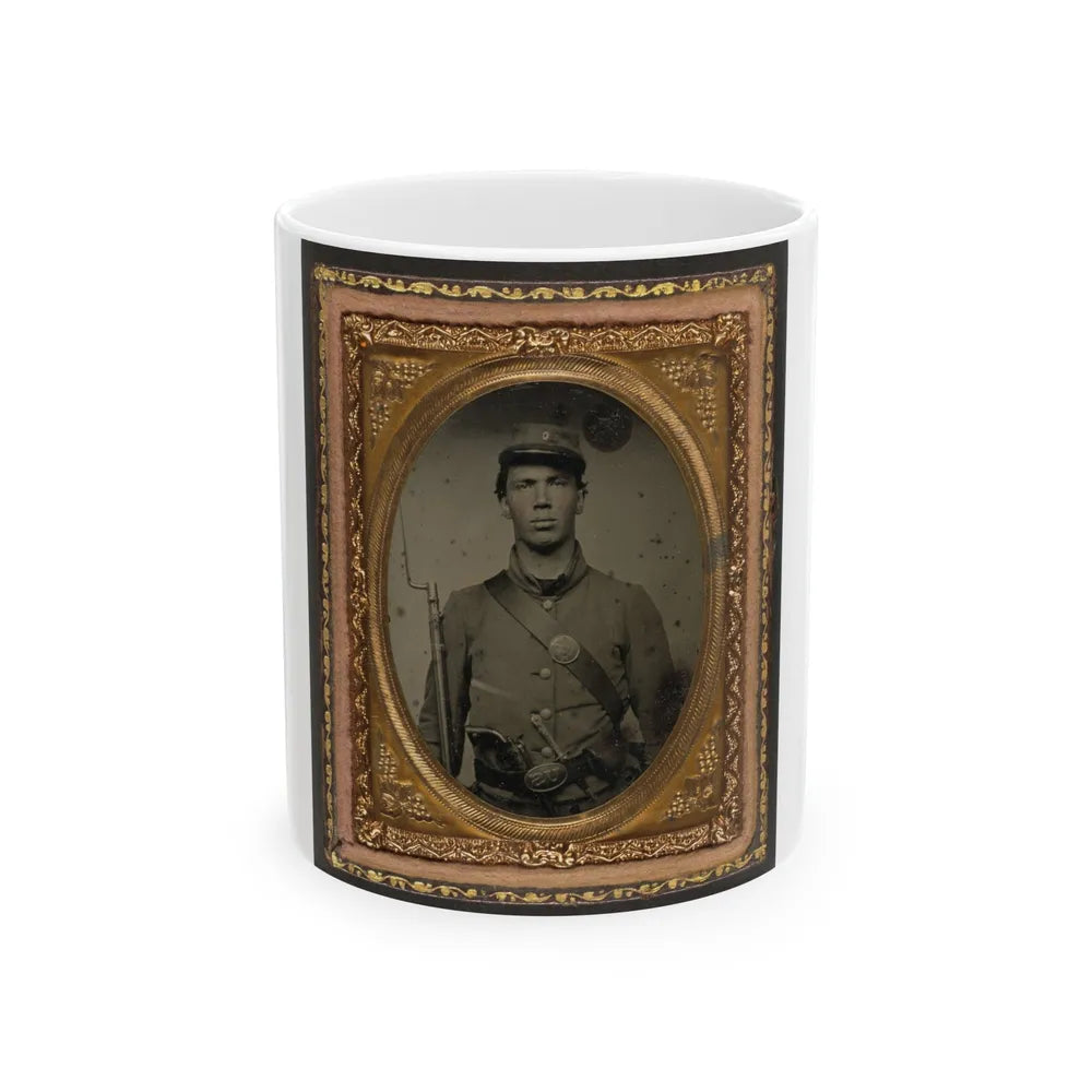 Unidentified Soldier In Union Uniform And Company C Hat With Bayoneted Musket, Revolver, Knife, And Cap Box (U.S. Civil War) White Coffee Mug-11oz-Go Mug Yourself