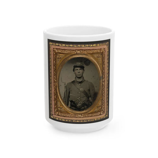 Unidentified Soldier In Union Uniform And Company C Hat With Bayoneted Musket, Revolver, Knife, And Cap Box (U.S. Civil War) White Coffee Mug-15oz-Go Mug Yourself