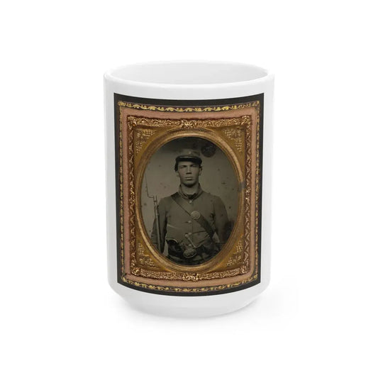 Unidentified Soldier In Union Uniform And Company C Hat With Bayoneted Musket, Revolver, Knife, And Cap Box (U.S. Civil War) White Coffee Mug 15oz - Go Mug Yourself