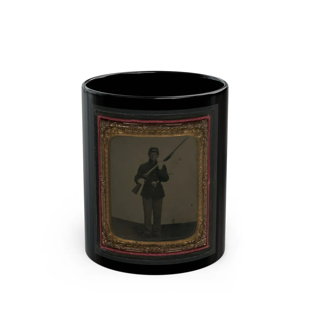 Unidentified Soldier In Union Uniform And Dress Gloves With Musket, Revolver, And Cap Box (U.S. Civil War) Black Coffee Mug-11oz-Go Mug Yourself