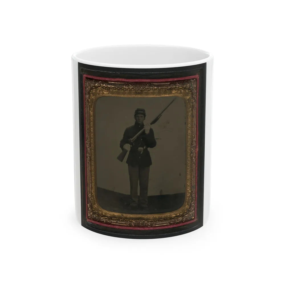 Unidentified Soldier In Union Uniform And Dress Gloves With Musket, Revolver, And Cap Box (U.S. Civil War) White Coffee Mug-11oz-Go Mug Yourself