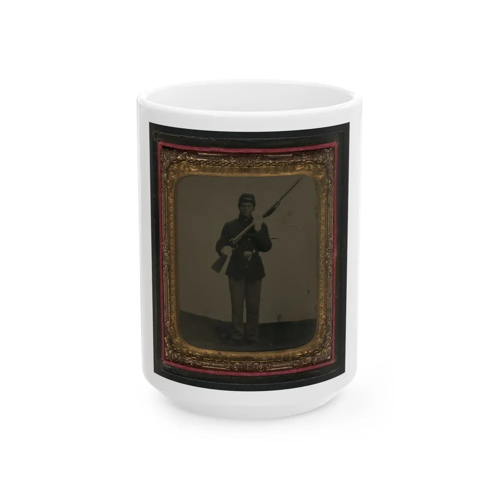 Unidentified Soldier In Union Uniform And Dress Gloves With Musket, Revolver, And Cap Box (U.S. Civil War) White Coffee Mug-15oz-Go Mug Yourself