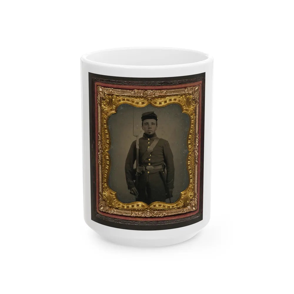 Unidentified Soldier In Union Uniform And Eagle Breast Plate With Bayoneted Musket, Cap Box, And Bayonet Scabbard (U.S. Civil War) White Coffee Mug-15oz-Go Mug Yourself