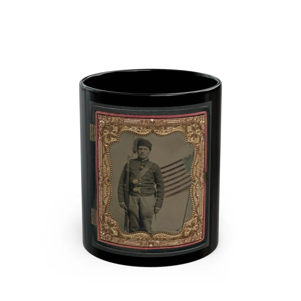 Unidentified Soldier In Union Uniform And Fez With Bayoneted Musket In Front Of Painted Backdrop Showing American Flag (U.S. Civil War) Black Coffee Mug-11oz-Go Mug Yourself