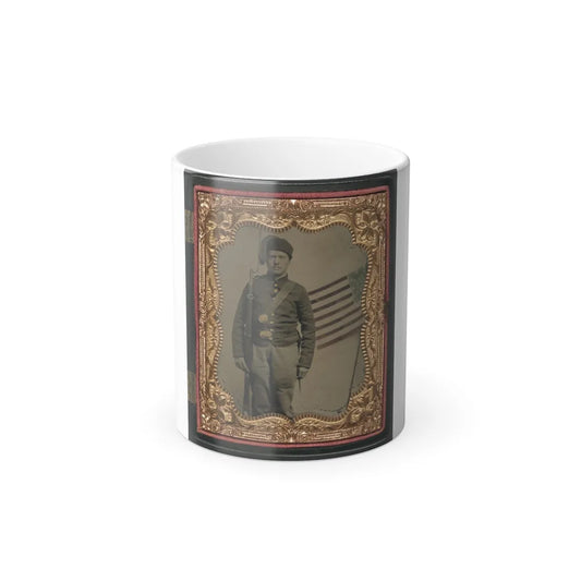 Unidentified Soldier in Union Uniform and Fez With Bayoneted Musket in Front of Painted Backdrop Showing American Flag (U.S. Civil War) Color Changing Coffee Mug 11oz-11oz-Go Mug Yourself
