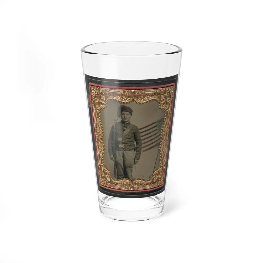 Unidentified Soldier In Union Uniform And Fez With Bayoneted Musket In Front Of Painted Backdrop Showing American Flag (U.S. Civil War) Pint Glass 16oz-16oz-Go Mug Yourself