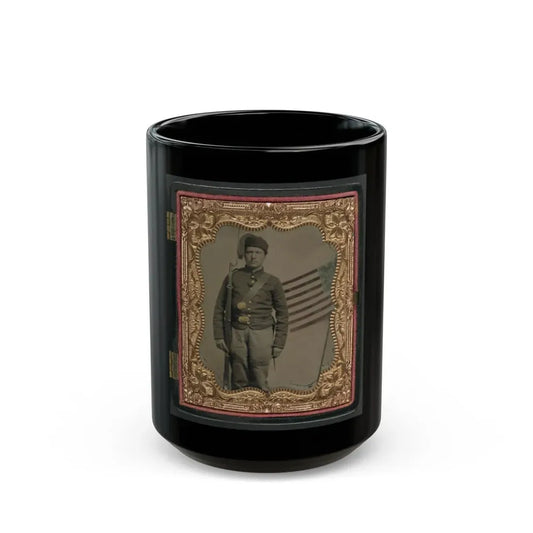 Unidentified Soldier In Union Uniform And Fez With Bayoneted Musket In Front Of Painted Backdrop Showing American Flag (U.S. Civil War) Black Coffee Mug 15oz - Go Mug Yourself