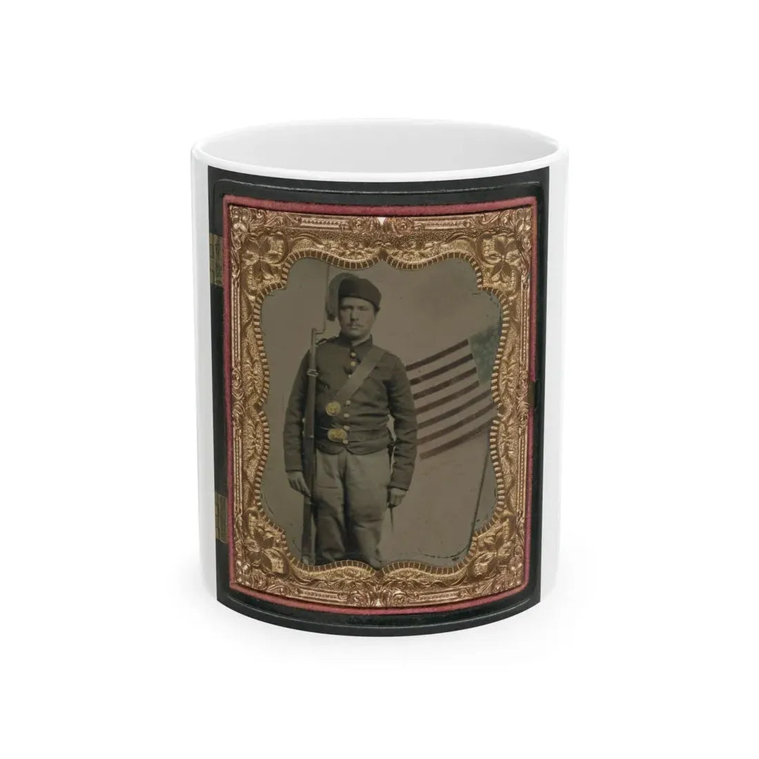 Unidentified Soldier In Union Uniform And Fez With Bayoneted Musket In Front Of Painted Backdrop Showing American Flag (U.S. Civil War) White Coffee Mug 11oz - Go Mug Yourself
