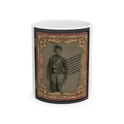 Unidentified Soldier In Union Uniform And Fez With Bayoneted Musket In Front Of Painted Backdrop Showing American Flag (U.S. Civil War) White Coffee Mug 11oz - Go Mug Yourself