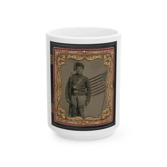 Unidentified Soldier In Union Uniform And Fez With Bayoneted Musket In Front Of Painted Backdrop Showing American Flag (U.S. Civil War) White Coffee Mug 15oz - Go Mug Yourself