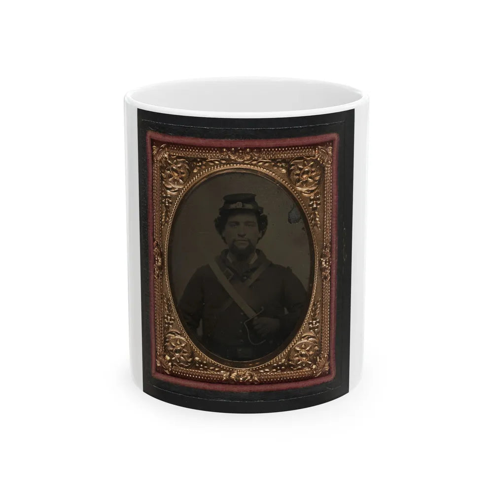 Unidentified Soldier In Union Uniform And Forage Cap Holding 1818 Nathan Starr Contract Cavalry Saber (U.S. Civil War) White Coffee Mug-11oz-Go Mug Yourself