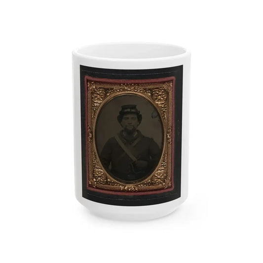 Unidentified Soldier In Union Uniform And Forage Cap Holding 1818 Nathan Starr Contract Cavalry Saber (U.S. Civil War) White Coffee Mug 15oz - Go Mug Yourself