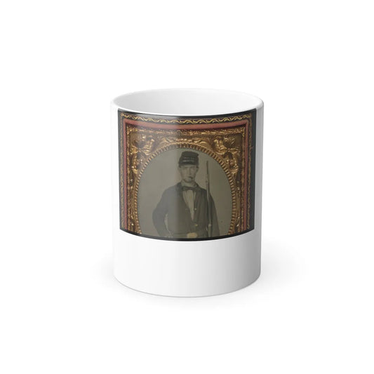 Unidentified Soldier in Union Uniform and Forage Cap Reading Pike With Cigar in Mouth and Holding Musket and Sword (U.S. Civil War) Color Changing Coffee Mug 11oz-11oz-Go Mug Yourself