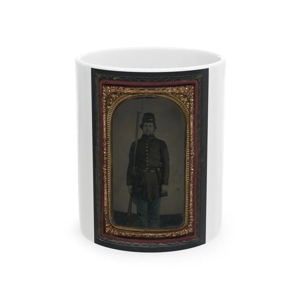 Unidentified Soldier In Union Uniform And Forage Cap With Holstered Revolver And Bayoneted Musket (U.S. Civil War) White Coffee Mug-11oz-Go Mug Yourself