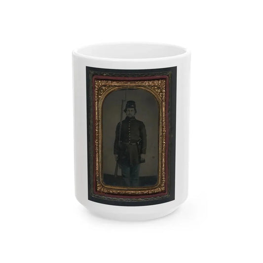Unidentified Soldier In Union Uniform And Forage Cap With Holstered Revolver And Bayoneted Musket (U.S. Civil War) White Coffee Mug 15oz - Go Mug Yourself